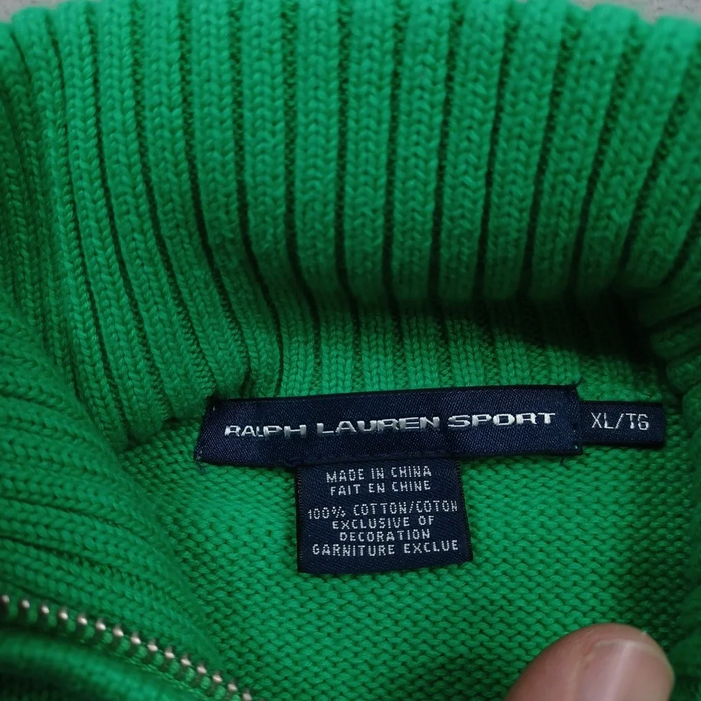 Vintage Ralph Lauren Sport Girls XL Green Full Zip Pockets Knit Preppy Y2K
